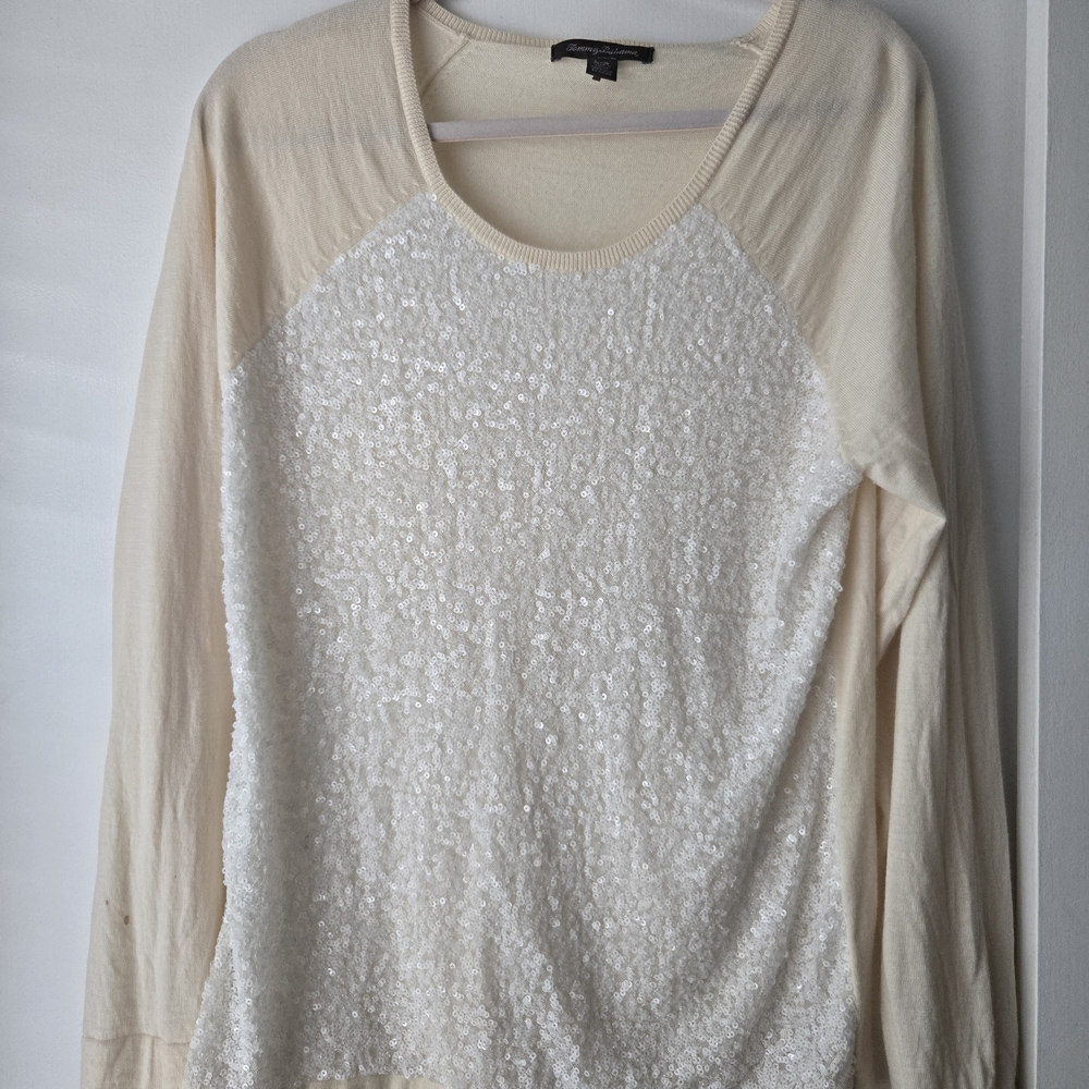 Tommy Bahama Cream Sequin Long Sleeve Wool Sweater. WITH FLAW. Size Large